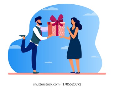 Bearded man giving gift to surprised woman. Present, boyfriend, couple flat vector illustration. Event and love concept for banner, website design or landing web page