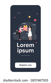 Bearded man giving gift to surprised woman. Present, boyfriend, couple flat vector illustration. Event and love concept for banner, website design or landing web page