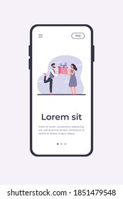 Hombre con barba dando regalo a una mujer sorprendida. Presente, novio, pareja de ilustración vectorial plana. Concepto de evento y amor para banner, diseño de sitio web o página web de inicio