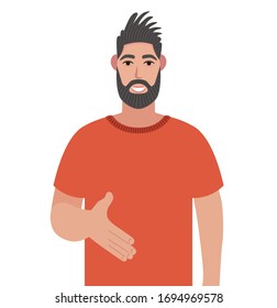 Bearded man giving hand shake pose and smiling with welcome gesture. Trendy person expressing trust and greeting. Vector illustration in cartoon style.