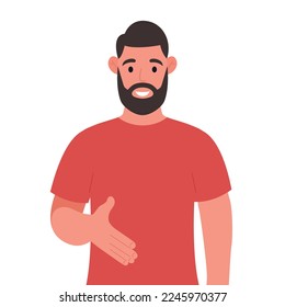 Hombre con las barbas dando una pose con la mano y sonriendo con gesto de bienvenida. Ilustración vectorial.
