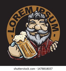 bearded man with a glass of root beer vector badge design