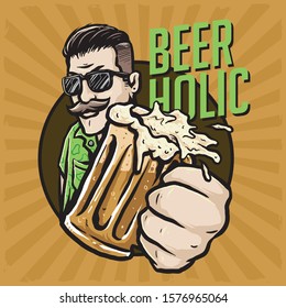 bearded man with a glass of root beer vector badge design