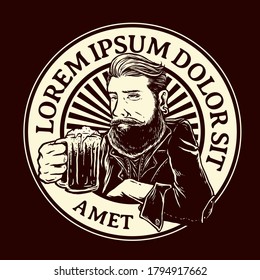 bearded man with a glass of root beer vector badge design