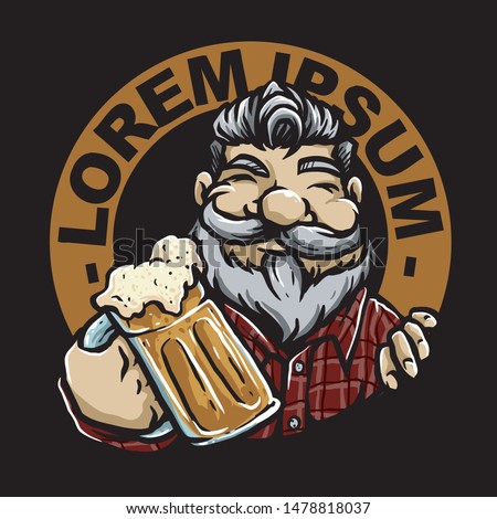 bearded man with a glass of root beer vector badge design