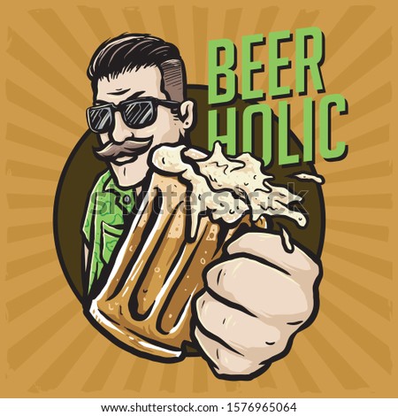 bearded man with a glass of root beer vector badge design