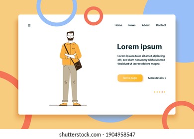 Bearded man in glasses with arms crossed. Full body of modern cartoon male character in casual flat vector illustration. People, lifestyle, trend concept for banner, website design or landing web page
