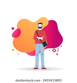 Bearded man in glasses with arms crossed. Full body of modern cartoon male character in casual flat vector illustration. People, lifestyle, trend concept for banner, website design or landing web page