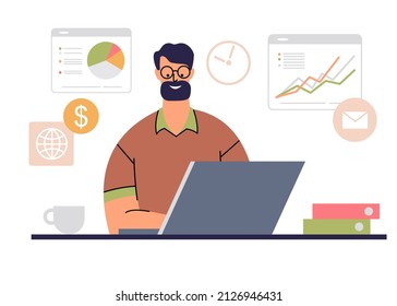 Hombre con barba y gafas en la computadora. Empresario, vendedor de ropa, trabajando en un portátil aislado en fondo blanco. El concepto del trabajo de un gerente, analista de negocios. Vector plano.