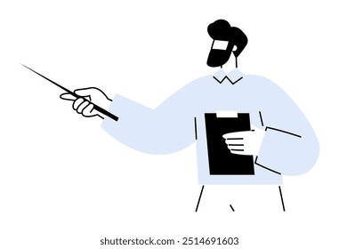 A bearded man with glasses holds a clipboard and points with a stick, dressed in office clothing. Ideal for presentations, education, offices, seminars, and business meetings.