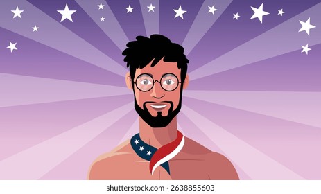 Bearded man in glasses with patriotic scarf and starry sky background