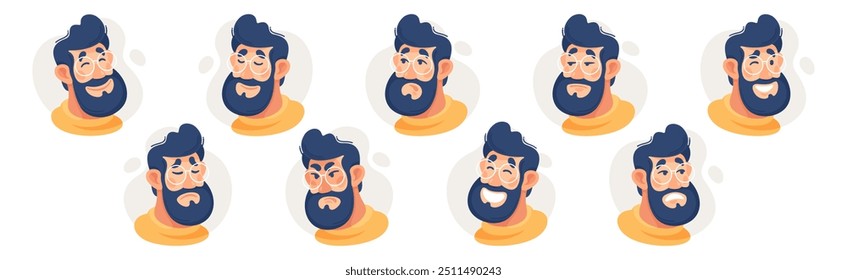 Bearded Man in Glasses Showing Different Emotion Vector Set