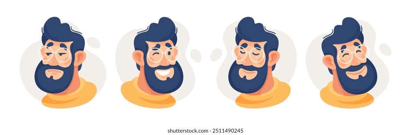 Bearded Man in Glasses Showing Different Emotion Vector Set