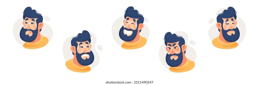 Bearded Man in Glasses Showing Different Emotion Vector Set