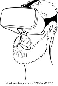 bearded man in glasses vr with face twisted with surprise and delight