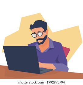 Bearded man with glasses working in the office.  Relaxed and confident office worker sitting on a desk. Vector illustration in flat design style.