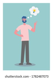 A bearded man got an bright idea. Simple flat illiustration
