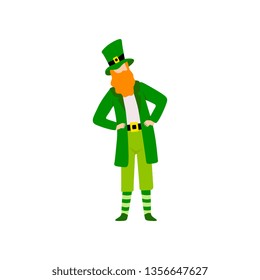 Bearded Man in Green Irish Costume Celebrating Saint Patrick Day Vector Illustration
