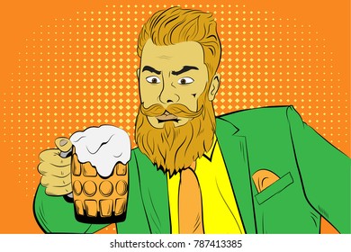 Bearded man in green suit with glass of beer. St Patrick's day celebrating. Pop art retro vector illustration