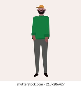 bearded man in green sweater, gray trousers and baseball cap
