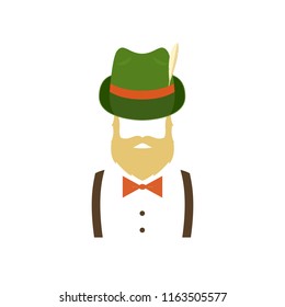 Bearded man in green traditional german hat. Hipster icon. Vector illustration isolated on white background.