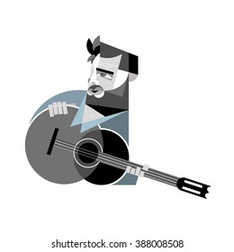 A bearded man with a guitar on a white background