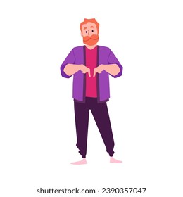 Bearded man hand pointing fingers down. Person makes a gesture paying attention, presenting, indicating, advertising, showing direction, choosing. Flat vector illustration isolated on white