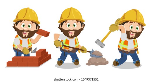 Bearded man in hardhat and industrial vest working at construction. Builder laying bricks, digging with shovel, taking swing with sledge hummer. Cartoon vector set isolated on white background.