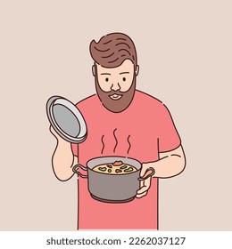 Bearded man has cooked soup in a pot and is looking there. Vector illustration.