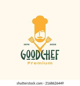 Bärenmann mit Hut-Koch und Spatula-Logo Design Vektorsymbol Symbol-Illustration kreative Idee
