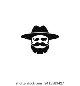 Bearded man in a hat and mustache, logo design, vector illustration.