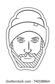 bearded man in a hat, stylish hairstyle, black and white sticker, outline style
