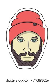 bearded man in a hat, stylish hairstyle,colorful sticker, outline style, flat design