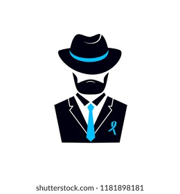 Bearded man in a hat and a suit with a blue ribbon. Prostate cancer Awareness Month concept.