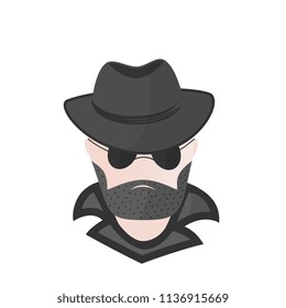 A bearded man in a hat with sunglasses. Spy. Detective. Computer hacker.