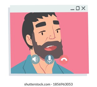 Bearded Man Having Video Call, People Talking to Each Other on Computer Screen, Conference Video Call, Working from Home, Social Distancing Vector Illustration