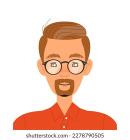 Cabeza de hombre con barba en gafas Sonriente Vector de visión frontal Ilustración