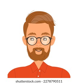 Bearded Man Head in Glasses Smiling Front View Vector Illustration