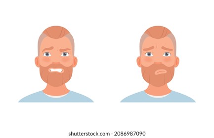 Bearded Man Head with Grin and Sadness as Facial Expression Vector Set