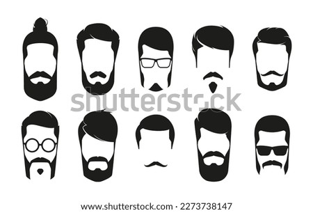 Bearded man head. Hipster dapper male portraits with mustaches and beards, black sketchy gentleman faces with different hairstyles. Vector flat set. Characters with various hairstyles