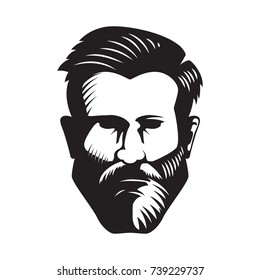 Bearded man head illustration isolated on white background. Design element for poster, emblem, sign, badge. Vector illustration