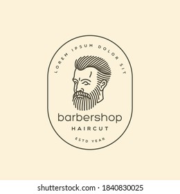 Bearded man head logo design template in linear style. Vector illustration.