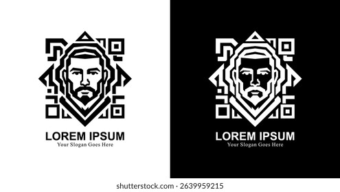Bearded man head logo design with QR or barcode shape