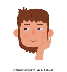 Bearded Man Head with Smiling Face Emotion Looking Somewhere Leaning on Hand Vector Illustration