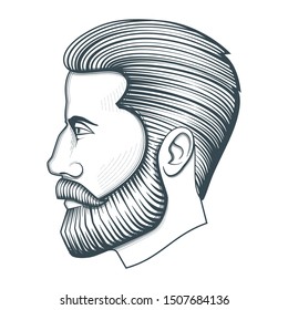 Bearded man head. Vintage vector illustration on white background