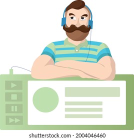 Bearded man with headphones is listening to music