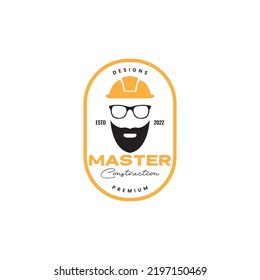 bearded man with helmet contractor logo design