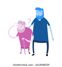 Bearded man helping senior man out. Social worker, helping elder people. Cartoon design icon. Flat vector illustration. Isolated on white background.