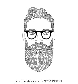 Bearded man, hipster - hand drawn black and white vector illustration.