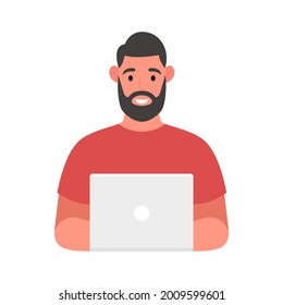 Bearded man at his desk is working on the laptop computer. Freelance job concept. Vector illustration.